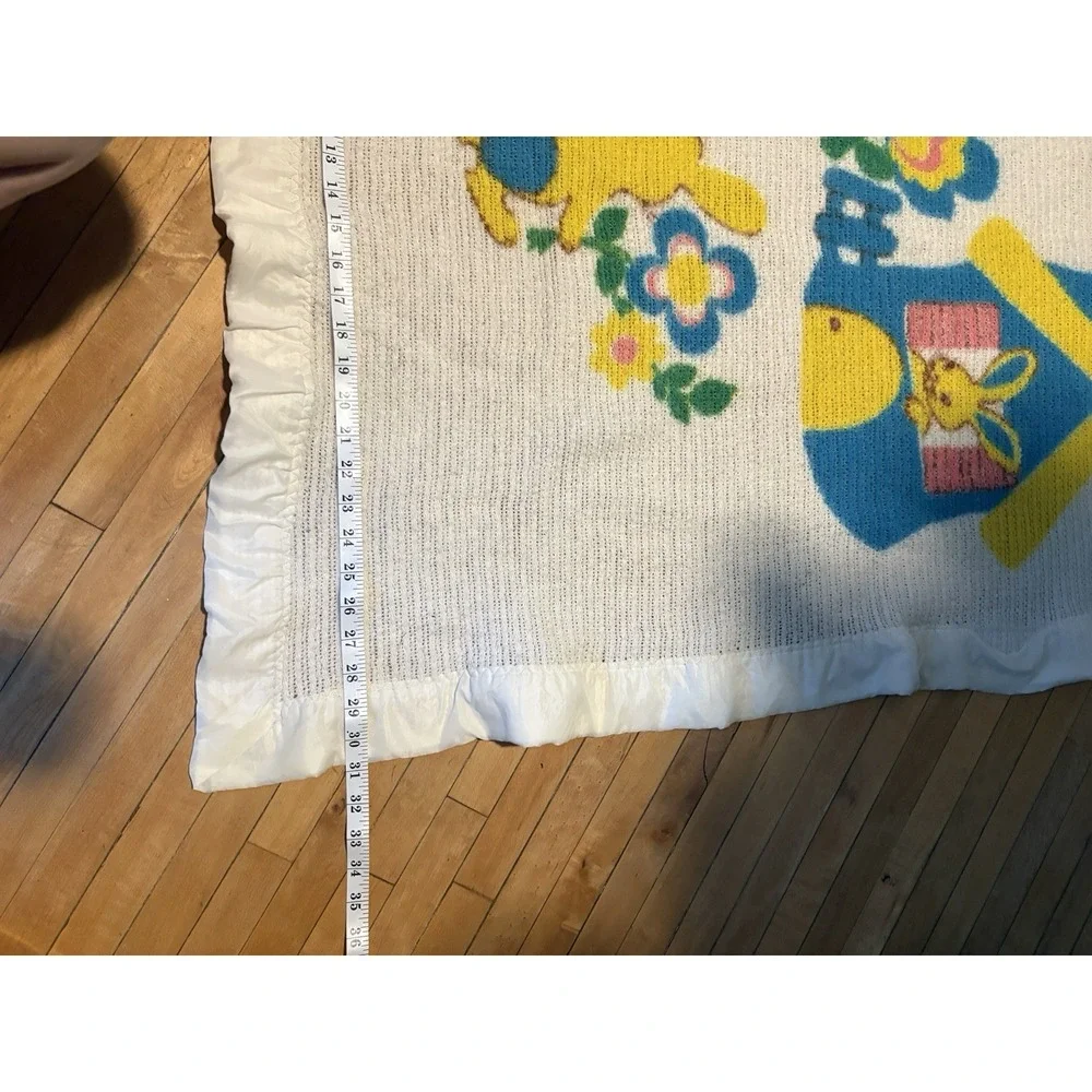 Vintage Waffle Weave Baby blanket Satin Trim Bunny Rabbit House